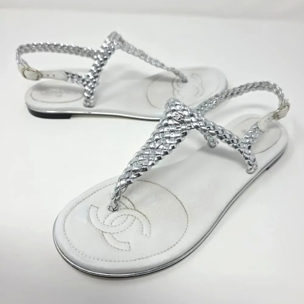 Chanel Thong Silver Leather Logo Sandals T Strap Day White 37.5 US 7